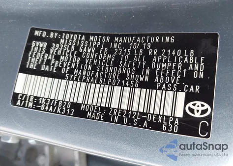 2020 Toyota Corolla Le from USA, damaged, VIN 5YFEPRAE8LP071456